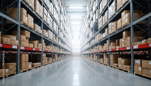 Aisle in a large warehouse with shelving units stocked with cardboard boxes