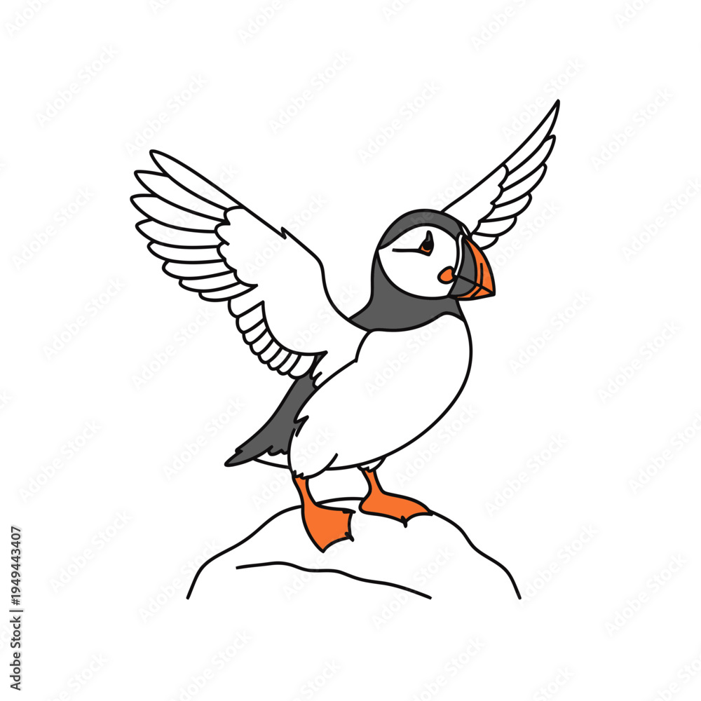 Fototapeta premium Cartoon Puffin with Open Wings on Rock vector illustration