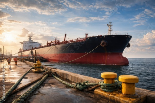 Ultra-wide panorama of oil tanker docked at terminal with workers and mooring ropes