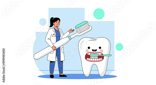 Dentist brushing giant tooth with toothbrush, dental hygiene concept