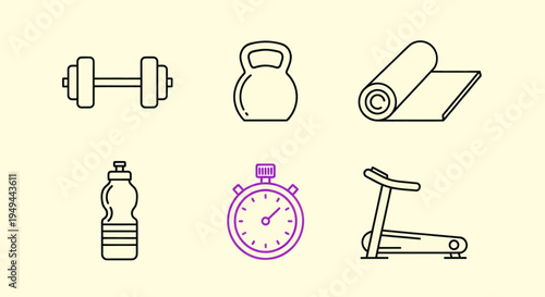 Fitness equipment icons on light background
