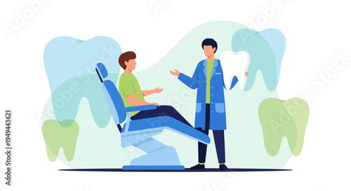 Dentist Explaining Dental Care to Patient in Modern Clinic with Tooth Graphics