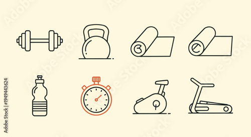 Fitness equipment icons on light background