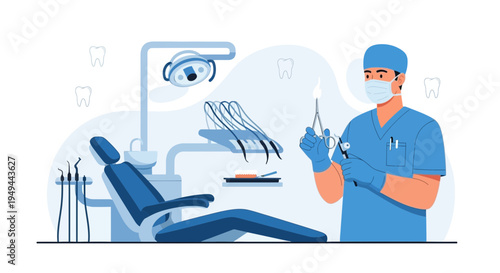 Dentist in uniform holding dental instruments in modern dental clinic with chair and equipment