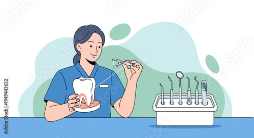 Dentist holding tooth model and dental tools, dental hygiene concept
