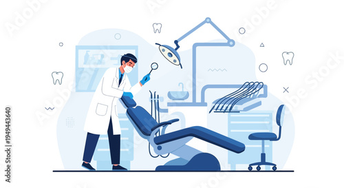 Dentist in Uniform Examining Patient in Modern Dental Clinic with Chair and Equipment