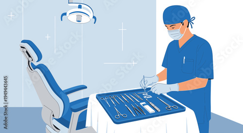 Dentist preparing surgical instruments for dental procedure in clinic