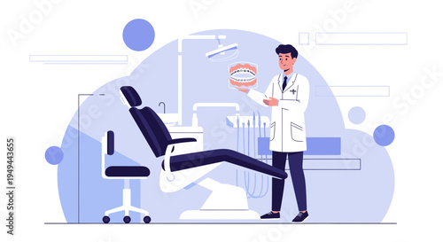 Dentist Showing Teeth Model in Modern Dental Clinic