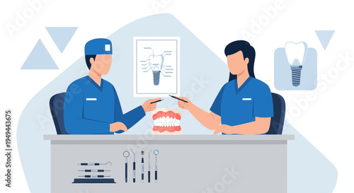Dentists Discussing Dental Implant Procedure with Patient Model and Tools