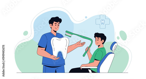 Dentist teaching child proper teeth brushing technique with large tooth model and toothbrush