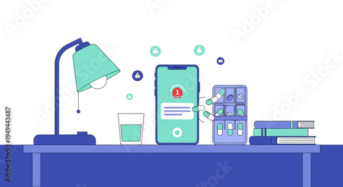 Digital Health App on Smartphone with Medication Reminder and Desk Setup