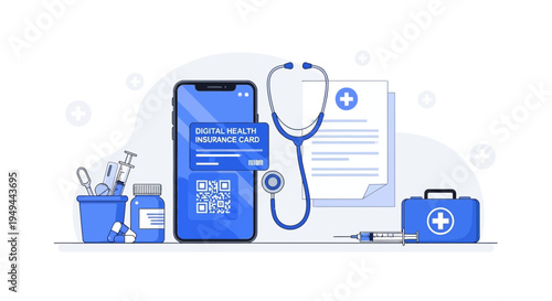 Digital Health Insurance Card on Smartphone with QR Code, Stethoscope, Syringe, and First Aid Kit