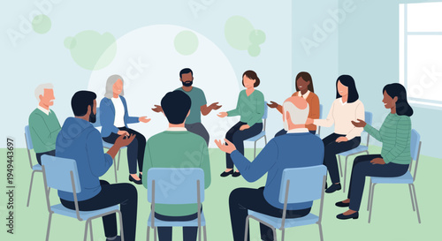 Diverse group of people sitting in a circle, engaged in a support group or therapy session.