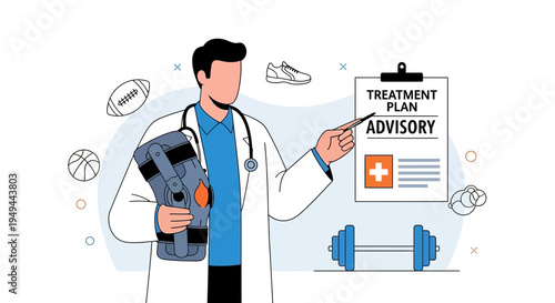 Doctor holding knee brace, pointing to treatment plan advisory with sports icons