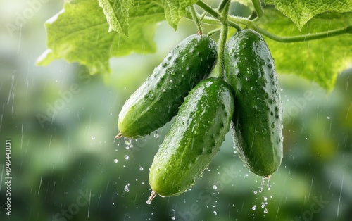 Fresh Cucumbers Sliced with Water Droplets on Leaves