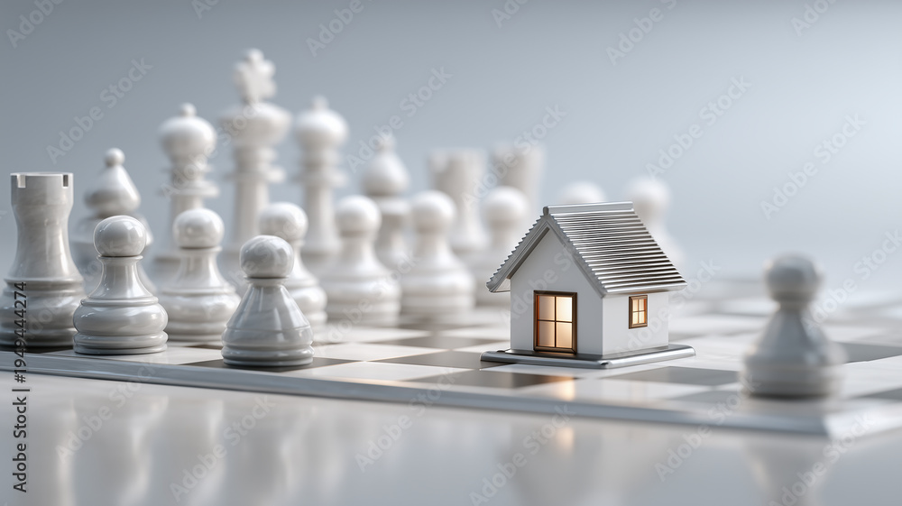 Naklejka premium small house model on chessboard with white chess pieces, real estate investment strategy concept, property market planning and mortgage competition
