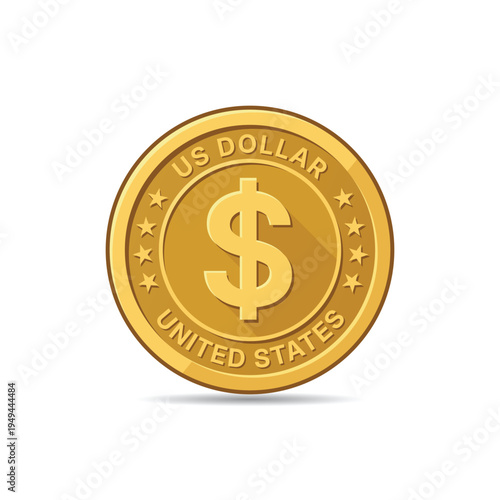 A clean and professional vector illustration of a shiny gold US dollar coin. The coin features the dollar sign, "US DOLLAR" and "UNITED STATES" text, and decorative stars.