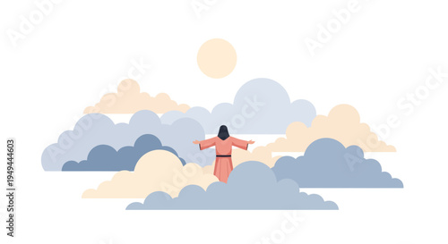 Serene woman embracing nature among soft clouds in minimalist art