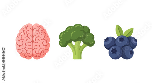 Healthy brain foods: brain, broccoli, and blueberries icon set