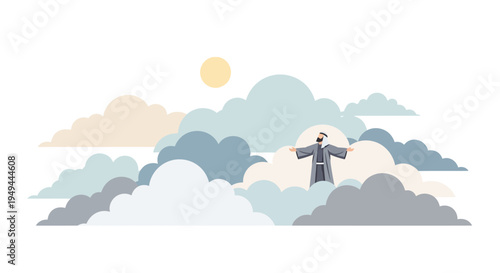 Minimalist cloudscape with person meditating in serene sky