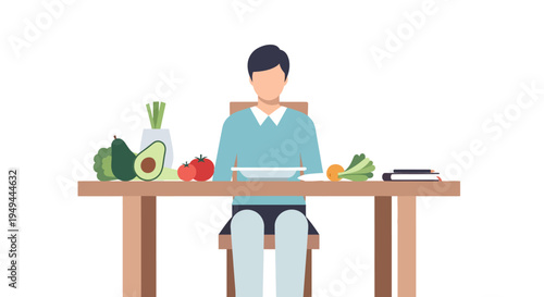 Flat design of person eating healthy food at table with vegetables and books