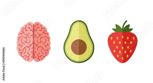 Colorful flat design of brain, avocado, and strawberry icons