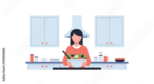 Woman cooking in modern kitchen with fresh vegetables flat design