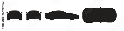 Luxury Sports Car Silhouette Vector Set, Supercar Front Rear Side and Top Views