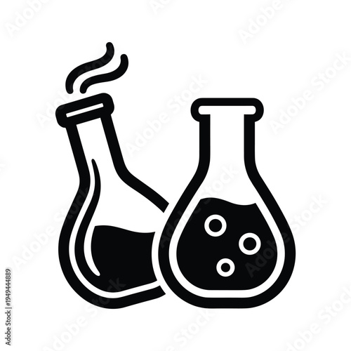 Black and White Icon of Two Erlenmeyer Flasks, One Emitting Steam, Representing Chemical Reactions and Laboratory Experiments