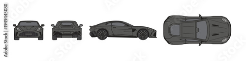 Luxury Sports Car Vector Illustration Set, Modern Supercar Front Rear Side and Top Views
