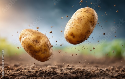 Potatoes Flying Above Soil Particles in Agriculture Scene