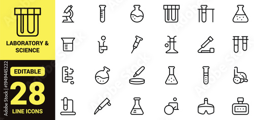 Science and laboratory icon set with chemistry tools, research equipment, biology elements, molecular structures, and high‑ranking scientific illustration components in clean modern line‑art