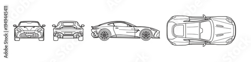 Luxury Sports Car Line Art Vector Illustration Set, Supercar Front Rear Side and Top Views