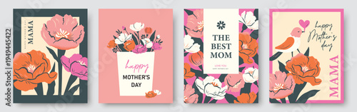 Set of Mother's Day greeting cards, posters and floral banners with blooming flowers, leaves and elegant typography in flat geometric style featuring pastel colors and modern design.