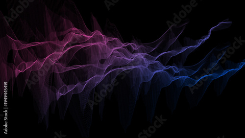 Dynamic abstract digital wave pattern with a vibrant pink to blue gradient on a dark background showcasing fluidity and technology.