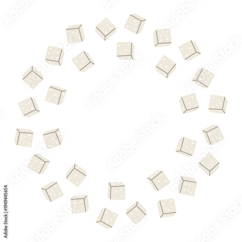 Sugar cubes arranged in circle isolated on white background. Round frame. Sweet food ingredient decorative illustration
