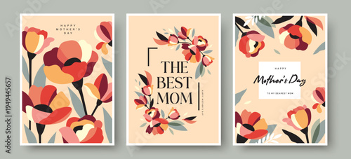 Set of Mother's Day posters and greeting cards with abstract flowers, leaves and elegant typography in flat geometric style using pastel colors and modern decorative floral layouts.