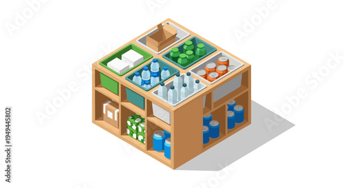 Isometric wooden shelf with beverage and food packaging in recyclable materials