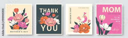 Set of Mother's Day cards, posters and greeting templates with floral bouquets, leaves and stylish typography in flat geometric style with pastel colors and modern layout design collection.