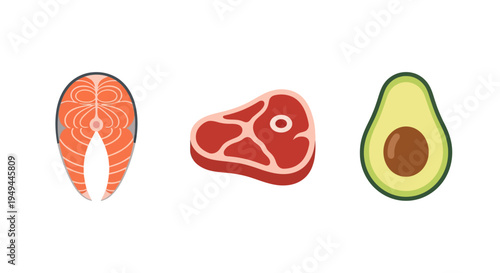 Delicious food trio: salmon, steak, and avocado in flat style