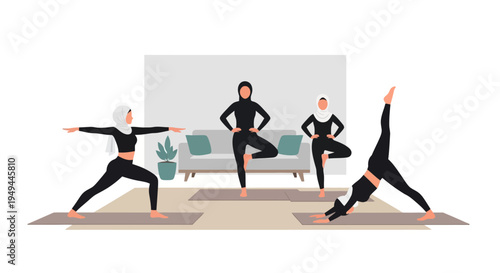 Women practicing yoga together in minimalist room with hijabs and modern decor