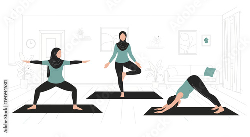 Women practicing yoga at home in minimalist room setting