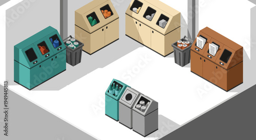 Modern isometric recycling station design with color-coded waste bins