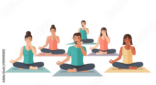 Group practicing breathing exercises in a calm and peaceful setting with diverse yoga poses
