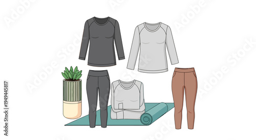 Comfortable activewear and yoga mat with potted plant in modern style