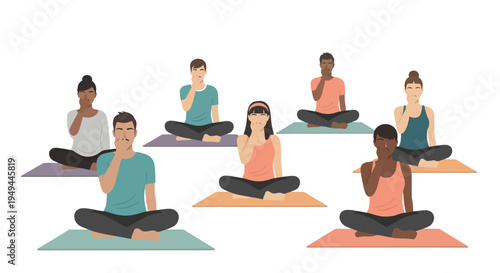Diverse group practicing yoga breathing together in seated pose
