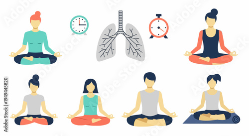 Meditation poses with breathing and timing concepts in a flat style design