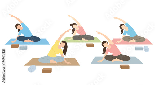 Women practicing yoga in flat design with minimalist style on colorful mats