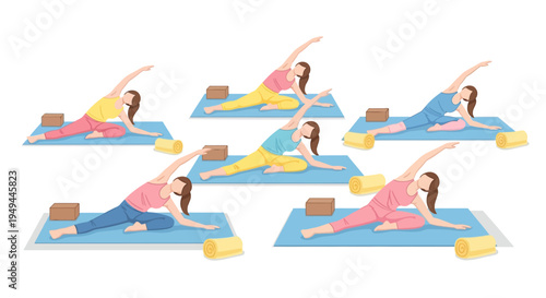 Diverse women practicing yoga in colorful outfits on mats