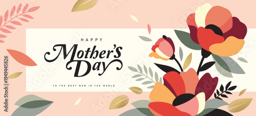 Mother's Day horizontal banner design with blooming flowers, leaves and elegant calligraphy typography in flat geometric style with soft pastel colors and modern decorative composition.